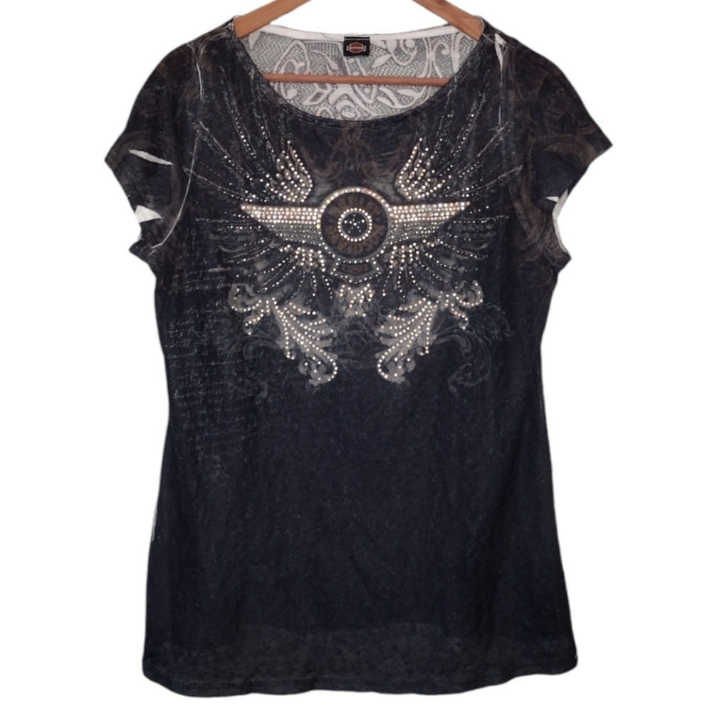 Harley Davidson Black Embellished Y2K Biker Boho Short Sleeve Shirt Size XL